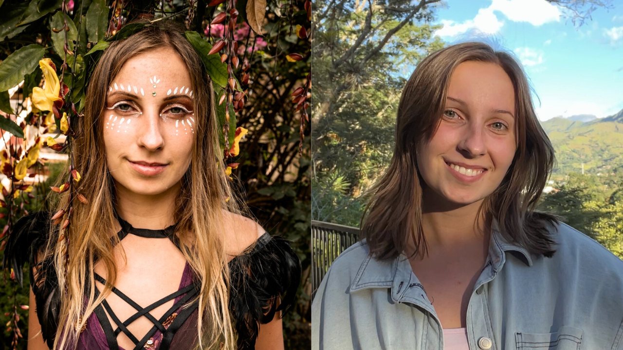 Before and after: a woman in New Age face paint, and the same woman smiling today after coming to Christ