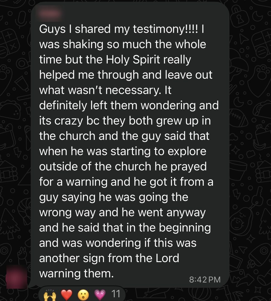 A community member: I shared my testimony! I was shaking the whole time, but the Holy Spirit really helped me through.
