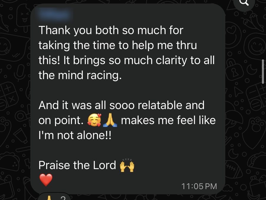 A community member: Thank you both for taking the time to help me through this. It brings so much clarity, and it makes me feel like I am not alone. Praise the Lord.