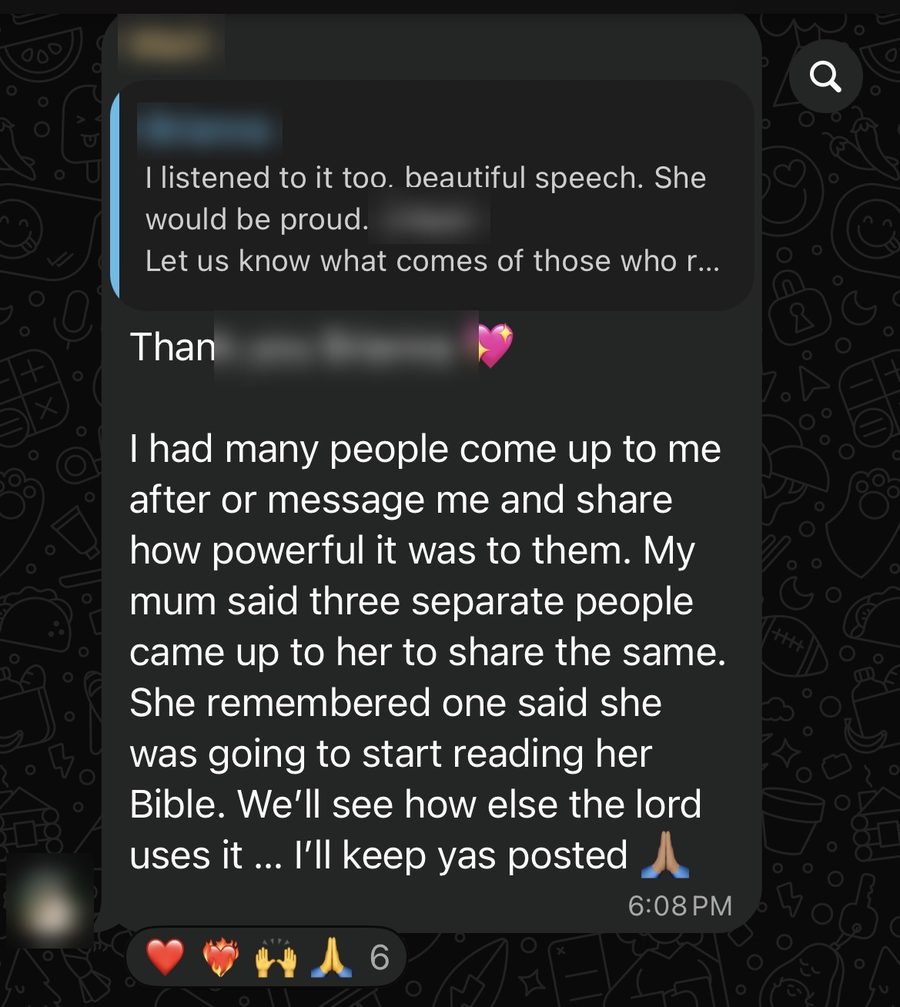 A community member: Many people came up to me after my talk to share how powerful it was to them. One said she was going to start reading her Bible.